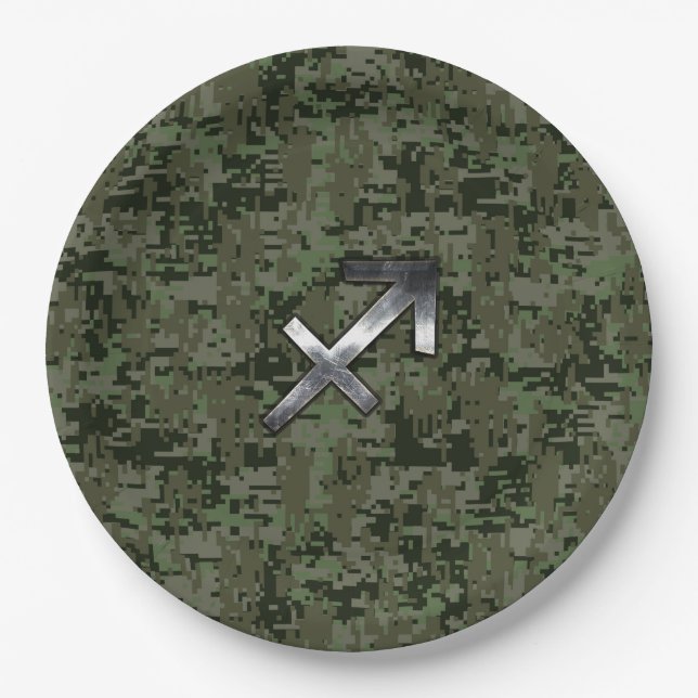 Sagittarius Zodiac Sign on Woodland Camouflage Paper Plate (Front)