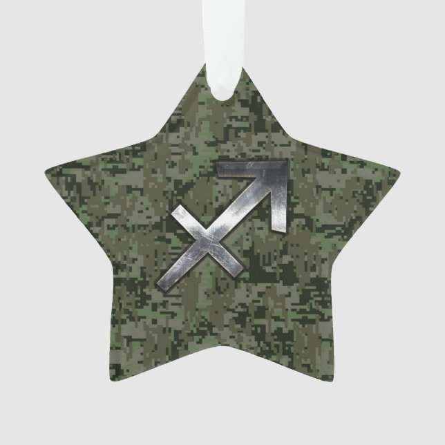 Sagittarius Zodiac Sign on Woodland Digital Camo Ornament (Front)