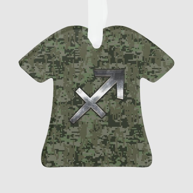 Sagittarius Zodiac Sign on Woodland Digital Camo Ornament (Front)
