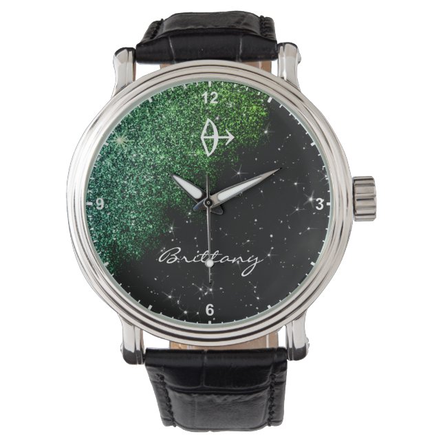 Sagittarius Zodiac Sign Teal Glitter Stars Name Watch (Front)