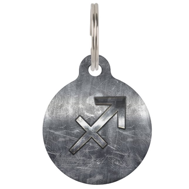 Sagittarius Zodiac Silver Distressed Steel look Pet Tag (Front)