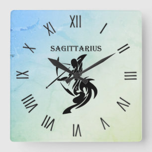 Sagittarius Zodiac Symbol Blue Green Numerals Square Wall Clock