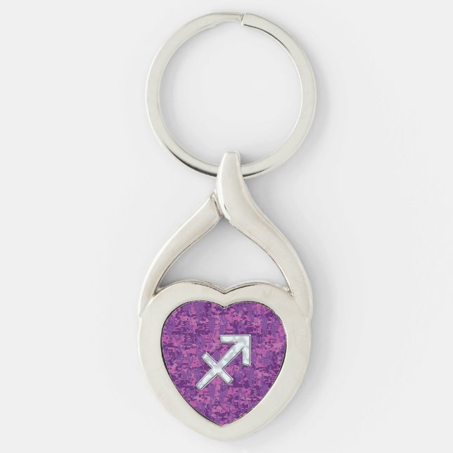 Sagittarius Zodiac Symbol on Fuchsia Digital Camo Key Ring (Front)