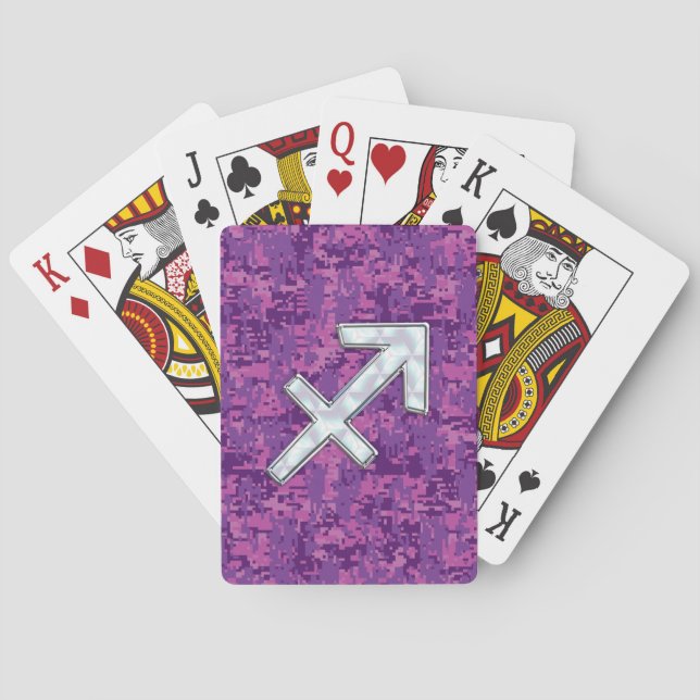 Sagittarius Zodiac Symbol on Fuchsia Digital Camo Playing Cards (Back)