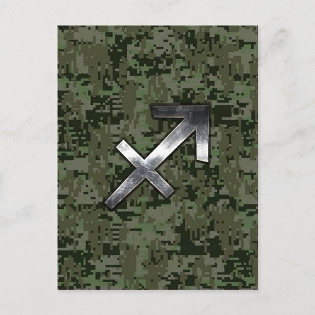 Sagittarius Zodiac Symbol on Woodland Digital Camo Postcard (Front)