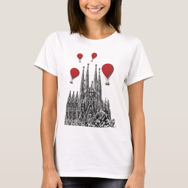 Sagrada Familia and Red Hot Air Balloons 2 T-Shirt (Front)
