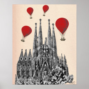 Sagrada Familia and Red Hot Air Balloons Poster