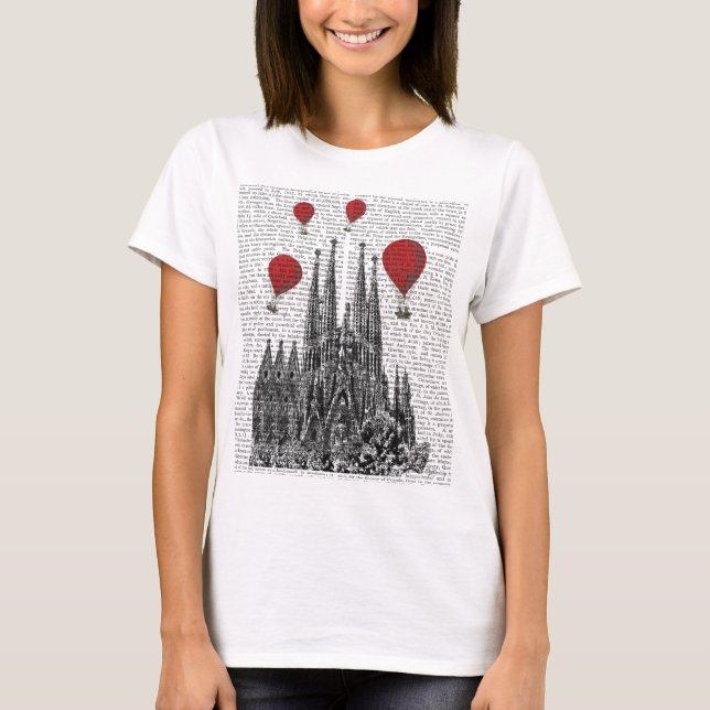 Sagrada Familia and Red Hot Air Balloons T-Shirt (Front)