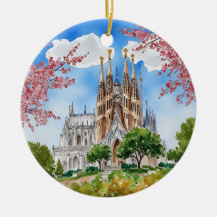 Sagrada Familia Barcelona Spain Watercolor Ceramic Tree Decoration