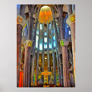 Sagrada Familia. View inside at sunset. Poster