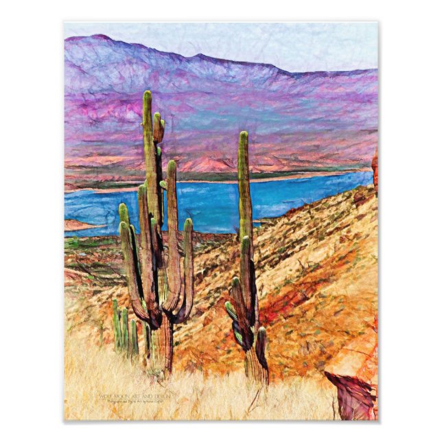 Saguaro Cacti Blue Lake Purple Mountains Arizona Photo Print (Front)