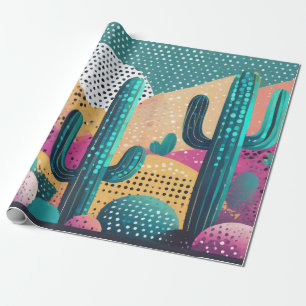 Saguaro cacti in landscape dotted background wrapping paper