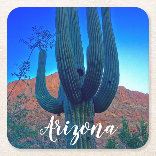 Saguaro Cactus Arizona Square Paper Coaster (Front)
