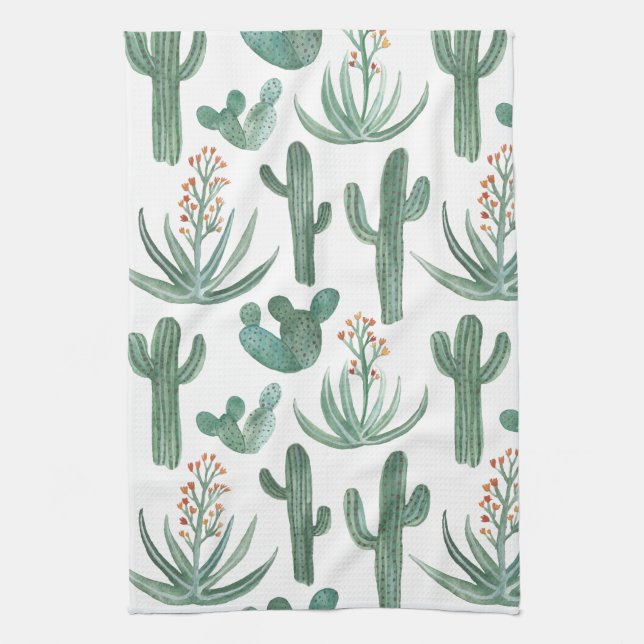 Saguaro Cactus Desert Aloe Pattern Watercolor Tea Towel (Vertical)