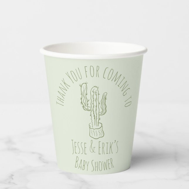 Saguaro Cactus Hand Drawn Green Baby Shower     Paper Cups (Front)