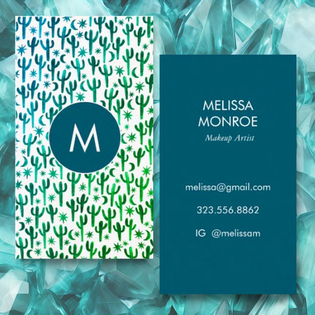 Saguaro Cactus Moon Stars Pattern Elegant INITIALS Business Card (Custom monogram business card with watercolor cactus pattern.)