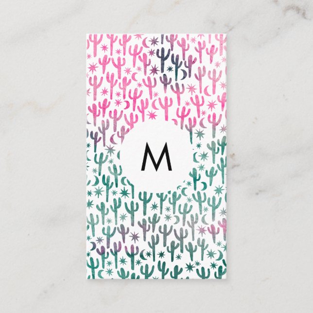 Saguaro Cactus Moon Stars Pattern Pink INITIALS Business Card (Front)