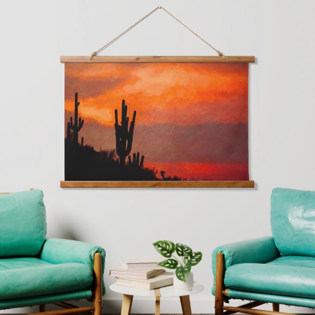 Saguaro Cactus Silhouette Arizona Red Sunset Hanging Tapestry (Living Room)