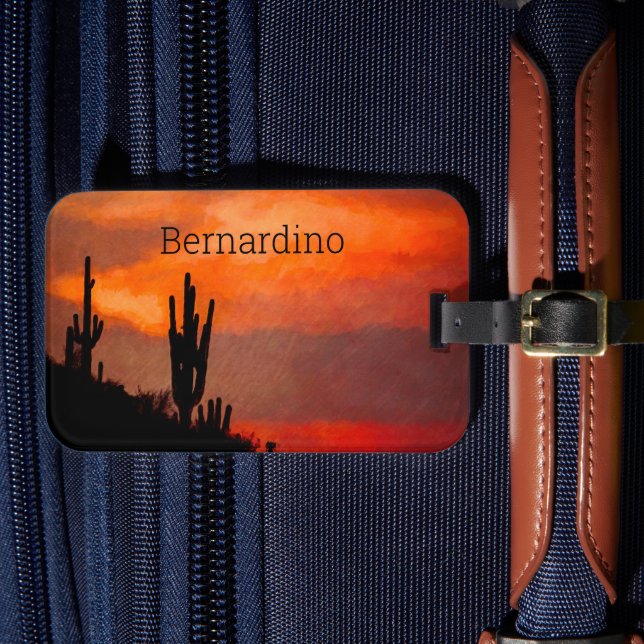 Saguaro Cactus Silhouette Arizona Red Sunset Luggage Tag (Front Insitu 4)