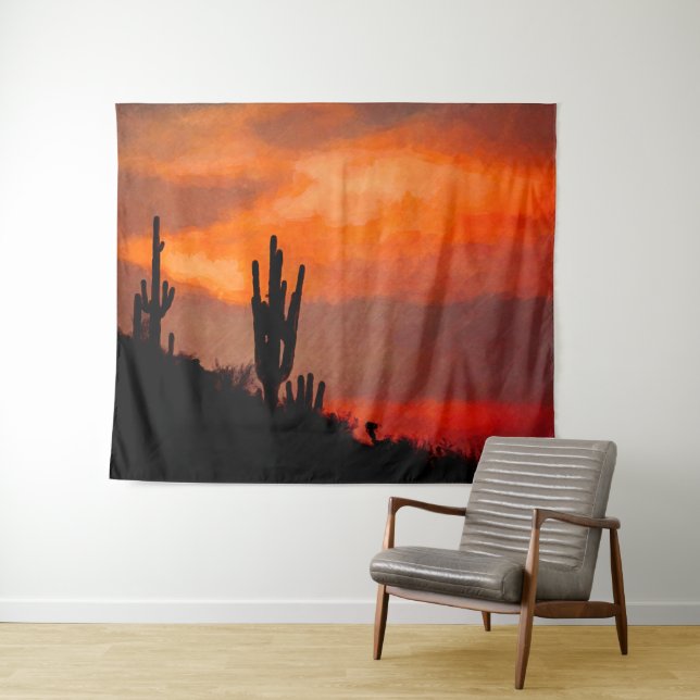 Saguaro Cactus Silhouette Arizona Red Sunset Tapestry (In Situ (Horizontal))