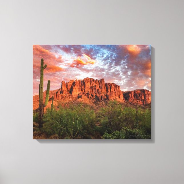 Saguaro Cactus Superstition Mountain Sunset 20x16 Canvas Print (Front)