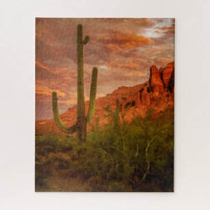 Saguaro Cactus Superstition Mountain Sunset Art Jigsaw Puzzle