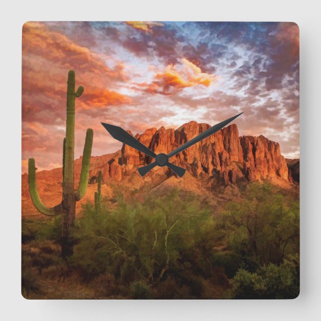 Saguaro Cactus Superstition Mountain Sunset Art Square Wall Clock (Front)