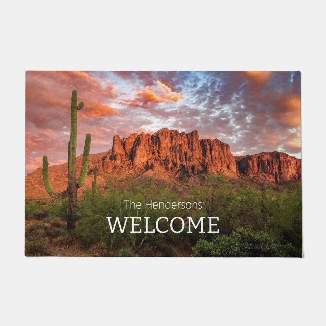 Saguaro Cactus Superstition Mountain Sunset Clouds Doormat (Front)