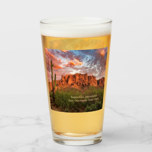 Saguaro Cactus Superstition Mountain Sunset Clouds Glass (Front Filled)