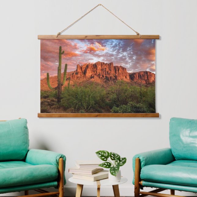 Saguaro Cactus Superstition Mountain Sunset Clouds Hanging Tapestry (Living Room)