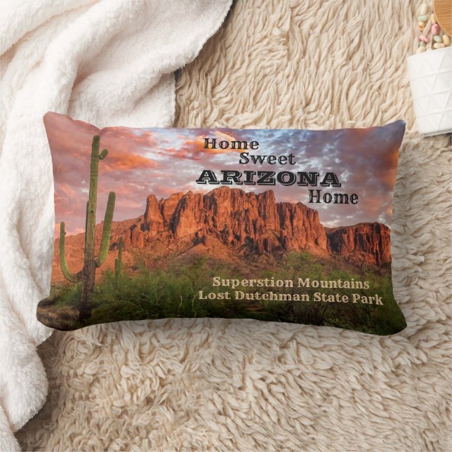 Saguaro Cactus Superstition Mountain Sunset Clouds Lumbar Cushion (Blanket)