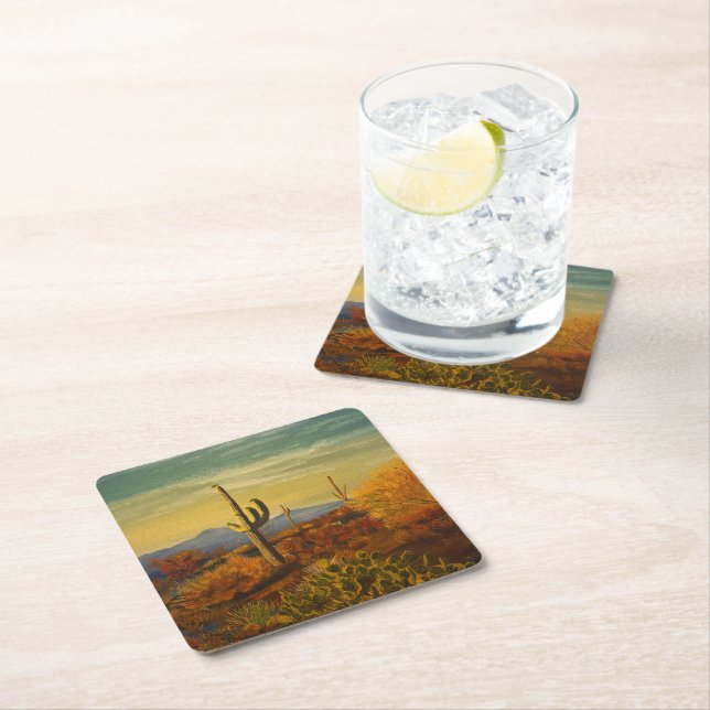 Saguaro in the Arizona Desert, by Gary Poling Square Paper Coaster (Insitu)