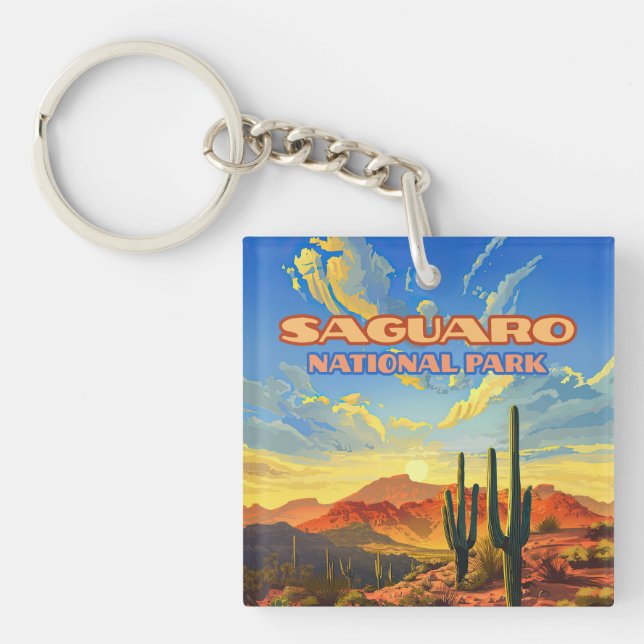 Saguaro National Park Arizona Desert Cactus Retro Key Ring (Front)