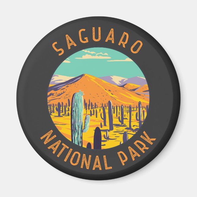Saguaro National Park Cacti Distressed Circle Magnet (Front)