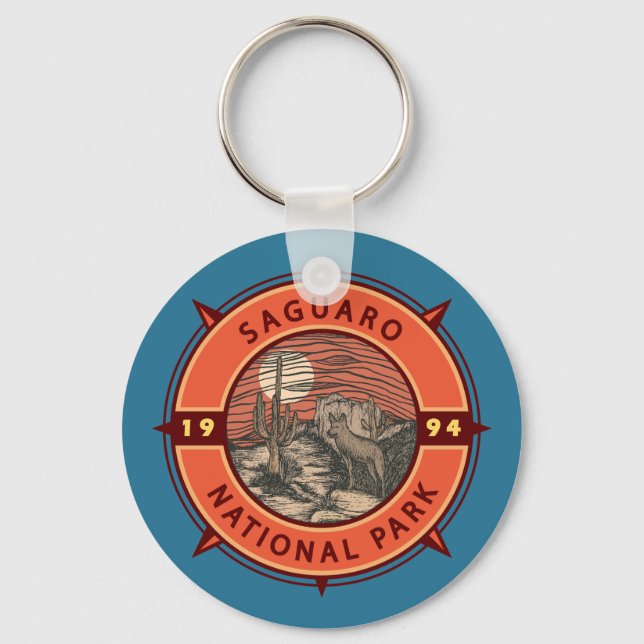 Saguaro National Park Coyote Retro Compass Emblem Key Ring (Front)