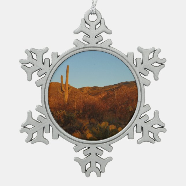 Saguaro Sunset I Arizona Desert Landscape Snowflake Pewter Christmas Ornament (Front)