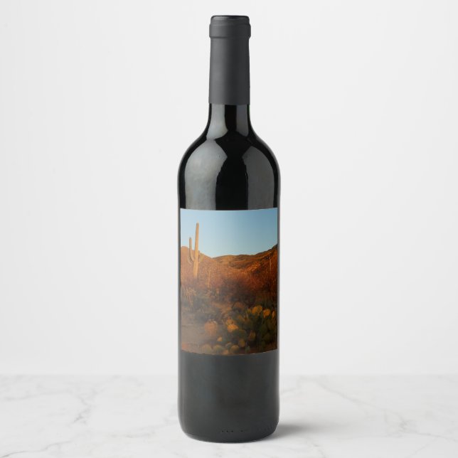 Saguaro Sunset I Arizona Desert Landscape Wine Label (Front)