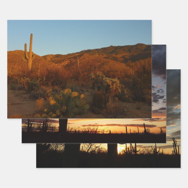 Saguaro Sunset I Arizona Desert Landscape Wrapping Paper Sheet (Set)