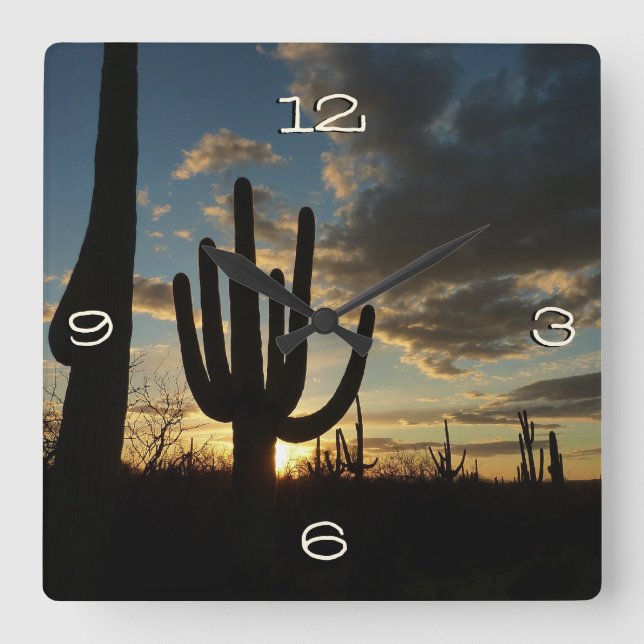 Saguaro Sunset II Arizona Desert Landscape Square Wall Clock (Front)