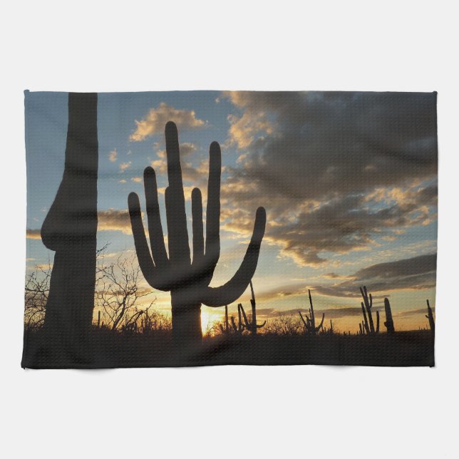 Saguaro Sunset II Arizona Desert Landscape Tea Towel (Horizontal)