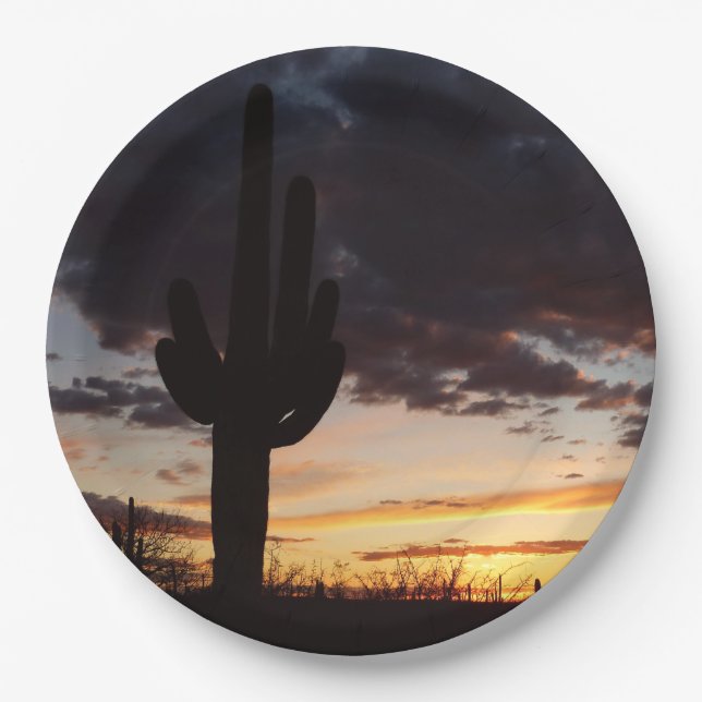 Saguaro Sunset III Arizona Desert Landscape Paper Plate (Front)