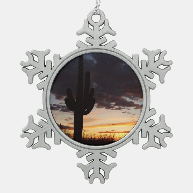 Saguaro Sunset III Arizona Desert Landscape Snowflake Pewter Christmas Ornament (Front)