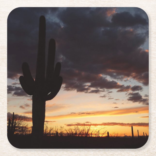 Saguaro Sunset III Arizona Desert Landscape Square Paper Coaster (Front)
