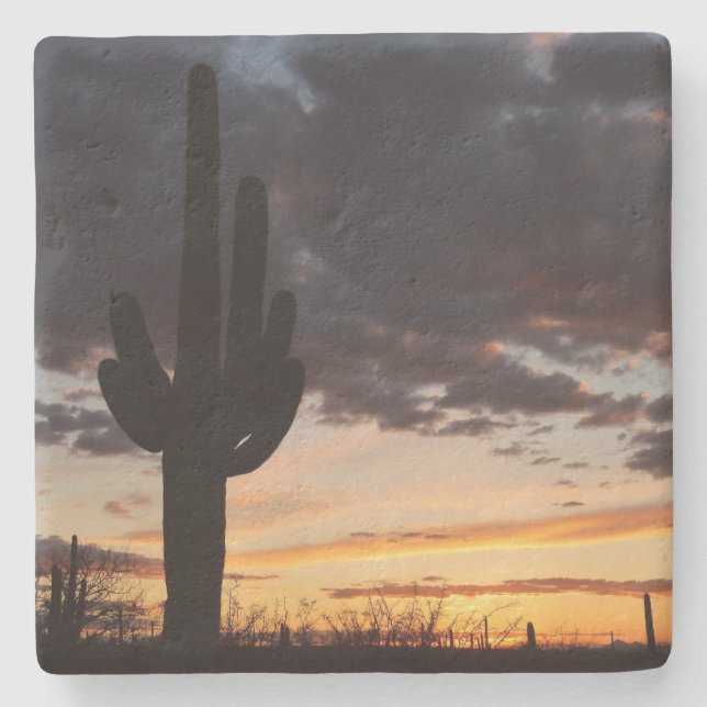 Saguaro Sunset III Arizona Desert Landscape Stone Coaster (Front)