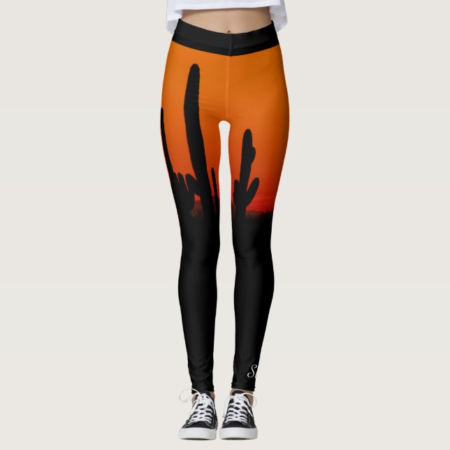 Saguaro Sunset Orange and Black, Personalised Name Leggings (Front)