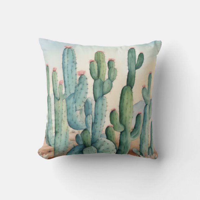 Sahara Desert Watercolor Cactus Decorative Cushion (Front)