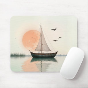 Saiboat Sunset With Seagulls Mouse Mat