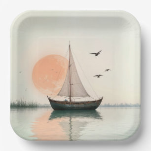 Saiboat Sunset With Seagulls Paper Plate