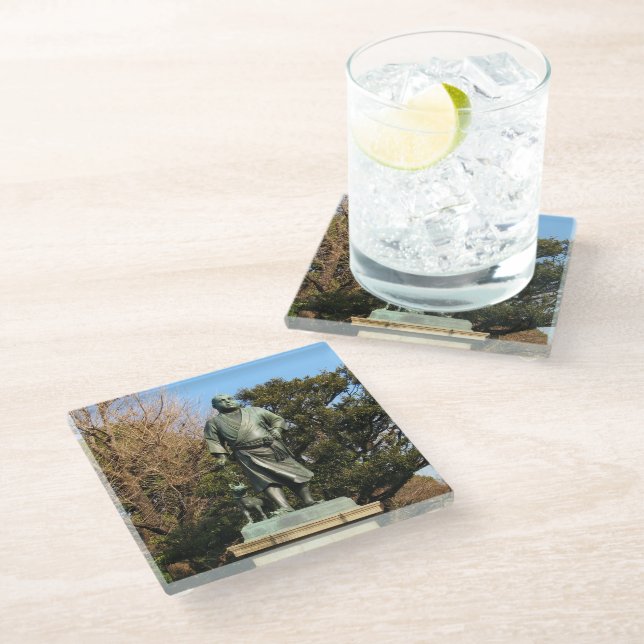 Saigo Takamori (The Last Samurai) & Dog Statue Glass Coaster (Angled)