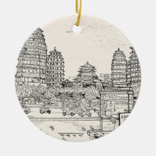 Saigon Pagoda Vietnam Cityscape Pen Ink Drawing Ceramic Tree Decoration
